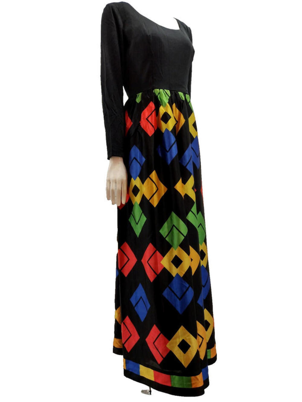 Vintage Rainbow Diamonds Dress Maxi 1960s Geometric Long Sleeve Multicolor Med